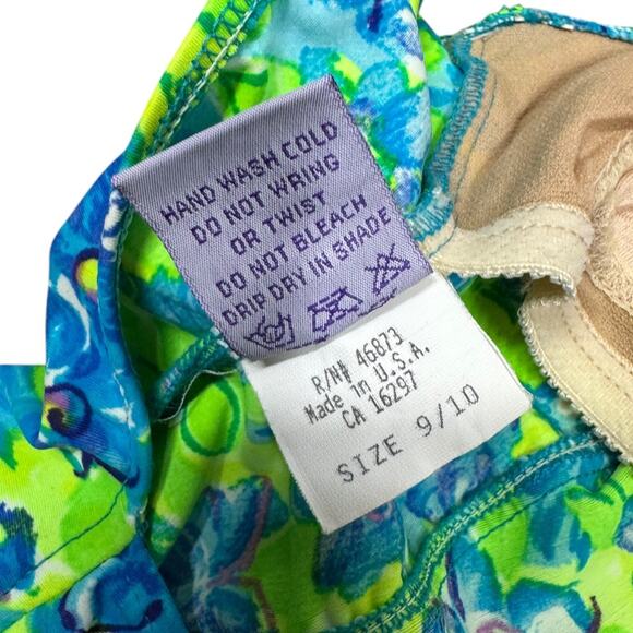Vintage 90s Daffy Neon Floral Print One Piece Swimsuit 9/10 Green Blue High Cut - Picture 7 of 8